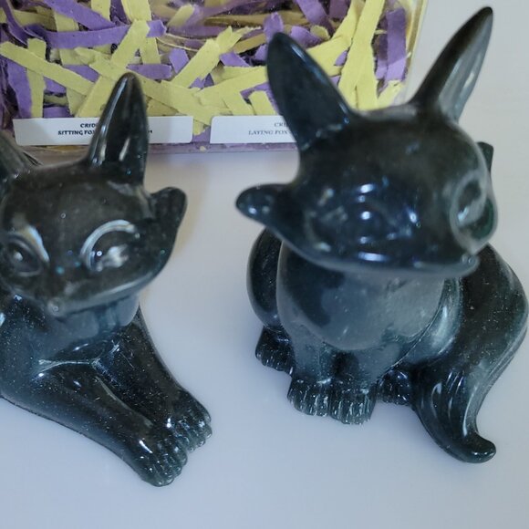 FOX SET 2pc BLUE Resin Figurines New Animal decorative collectible HANDMADE - Picture 1 of 4